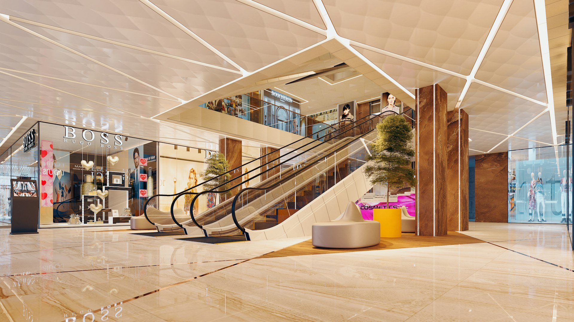 Inside a modern shopping mall