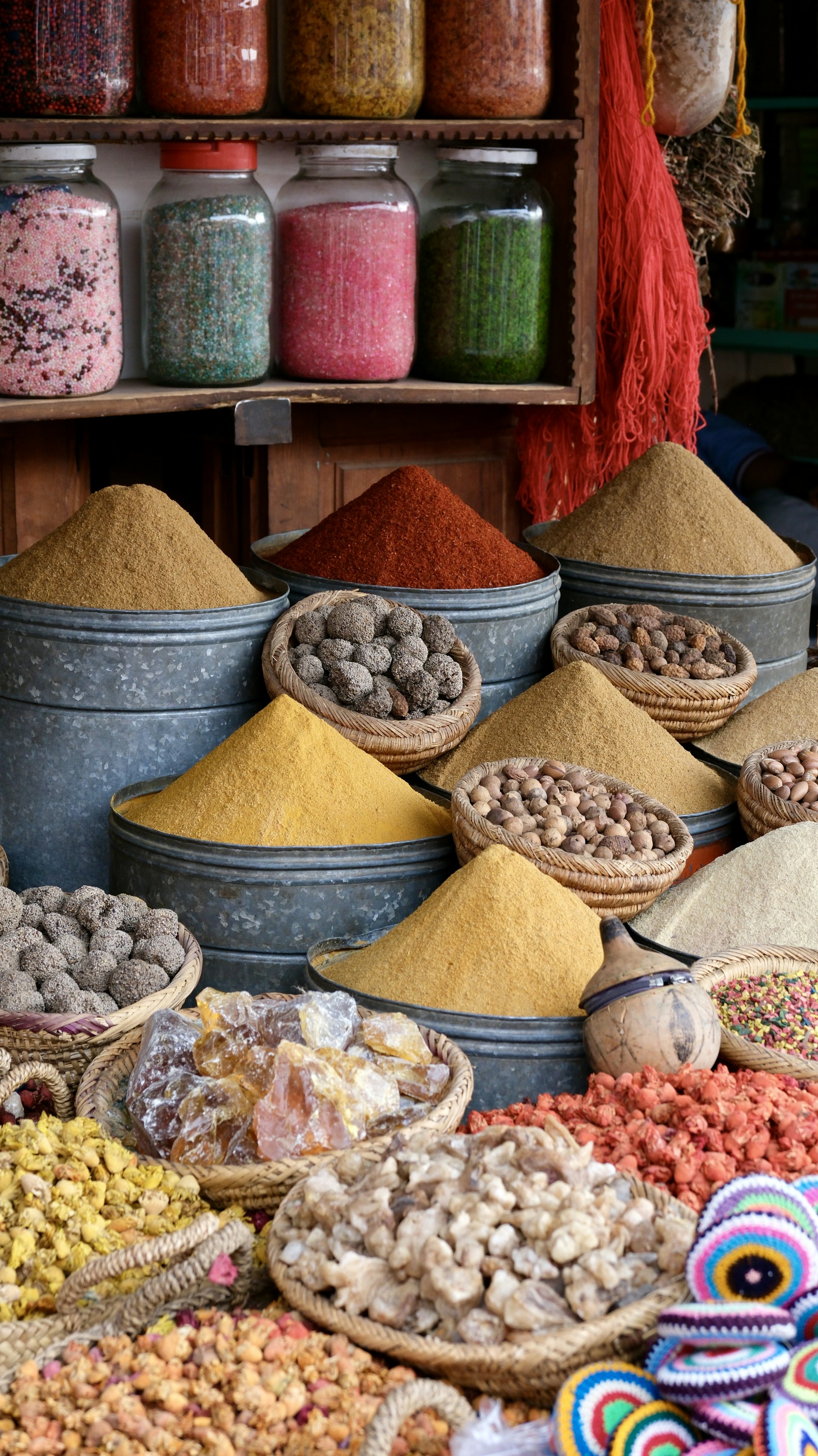 Colorful spices and dried goods at a market