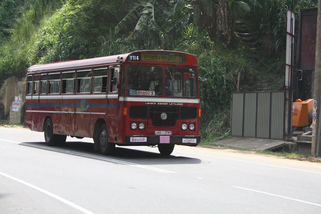 A red intercity bus on the road